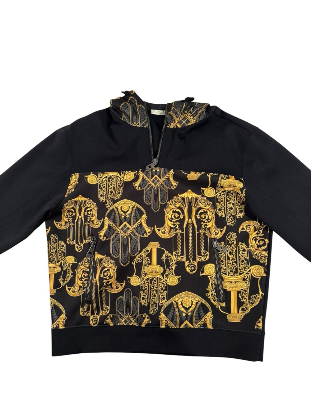 Versace Collection Hamsa Baroque Half Zip Hoodie Black Gold Large